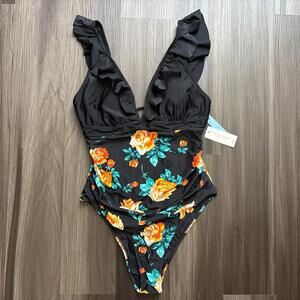 CUPSHE Women's Ruffled Lace Up One Piece Swimsuit Black Floral Size XXL 2XL